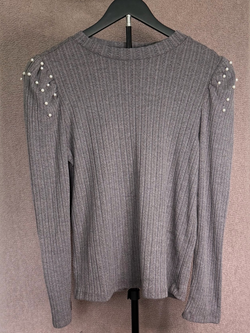 Design History Gray Ribbed Pearl Embellished Sweater Top Size M